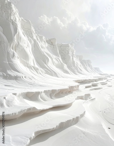 Stark white cliffs and textured snowdrifts border a pale, empty landscape under bright clouds