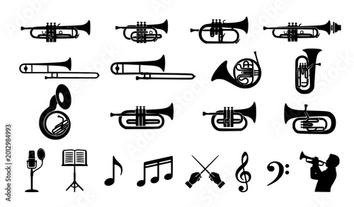 Фотография Editable trumpet and brass instrument silhouette icon collection with trombone a