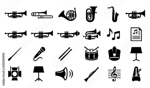 Photography Trumpet silhouette vector icon set with brass instruments trombone and music ban