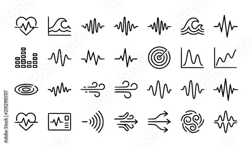 Fotografie Abstract wave data chart icon set with heartbeat ocean storm vibration and signa
