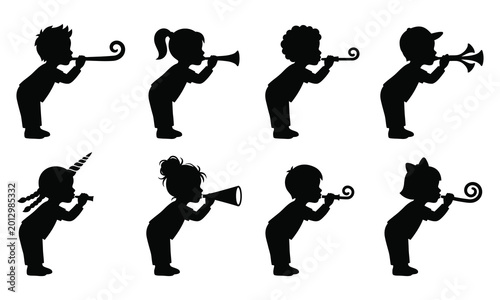 Collection of diverse children silhouettes joyfully blowing party horns and noisemakers, depicting festive celebrations and childhood fun.