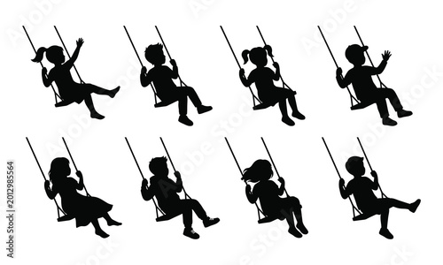 Children silhouettes swing on swings, enjoying a playful moment in a park or playground.