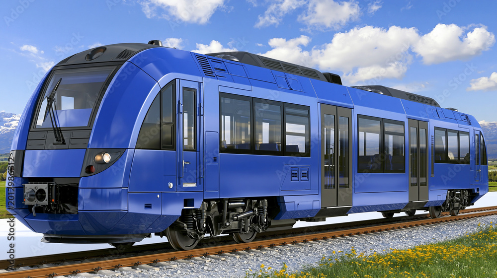 Obraz premium Modern blue passenger train on railway tracks passing through a scenic mountain landscape