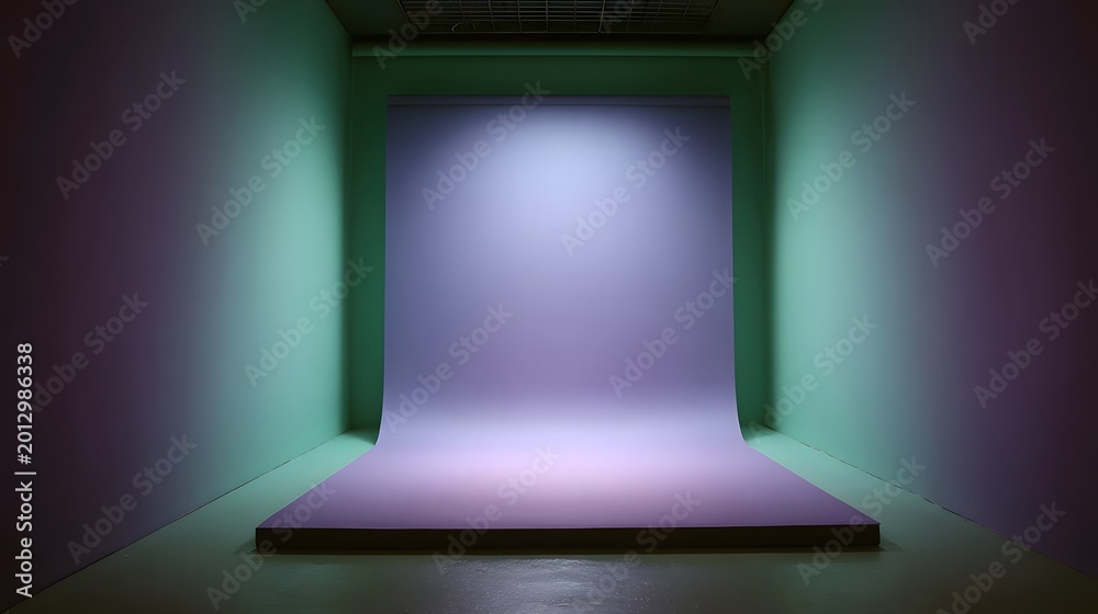 Obraz premium A sophisticated minimalist studio space featuring a central illuminated backdrop framed by soft purple and green gradients