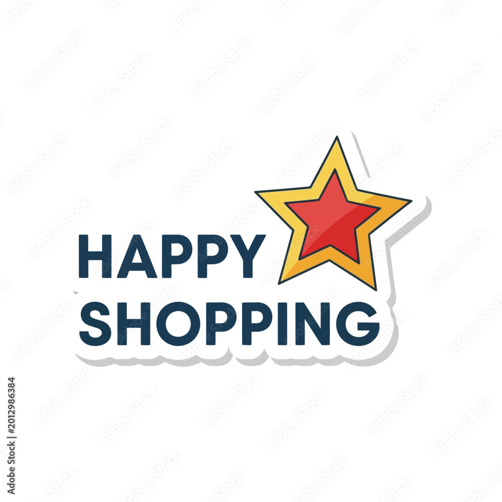 Fototapeta premium Bright 'Happy Shopping' sticker design with a bold star, ideal for e-commerce promotions, retail sales, and online deals, fostering a joyful customer experience