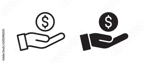 Obraz na plátne Hand Holding Dollar Coin Icon Set with Outline and Solid Versions