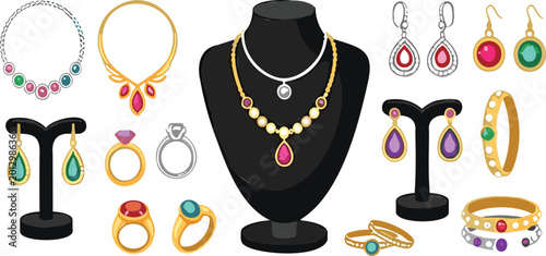 Luxury Jewelry Collection with Necklaces Earrings Rings Bracelets and Gemstone Accessories Vector Illustration Set