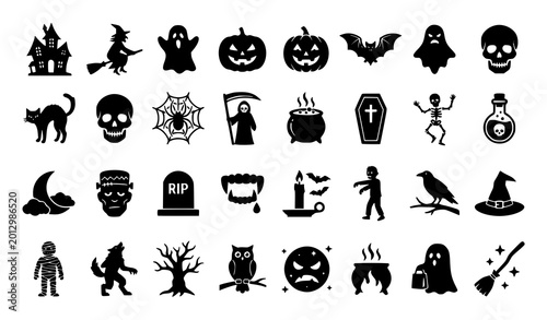 Tableau sur toile Halloween silhouette vector set with spooky retro icons pumpkins ghosts witches
