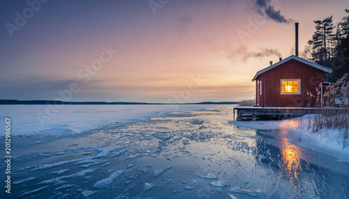 Cozy red cabin on a frozen lake at winter sunset with warm glowing window