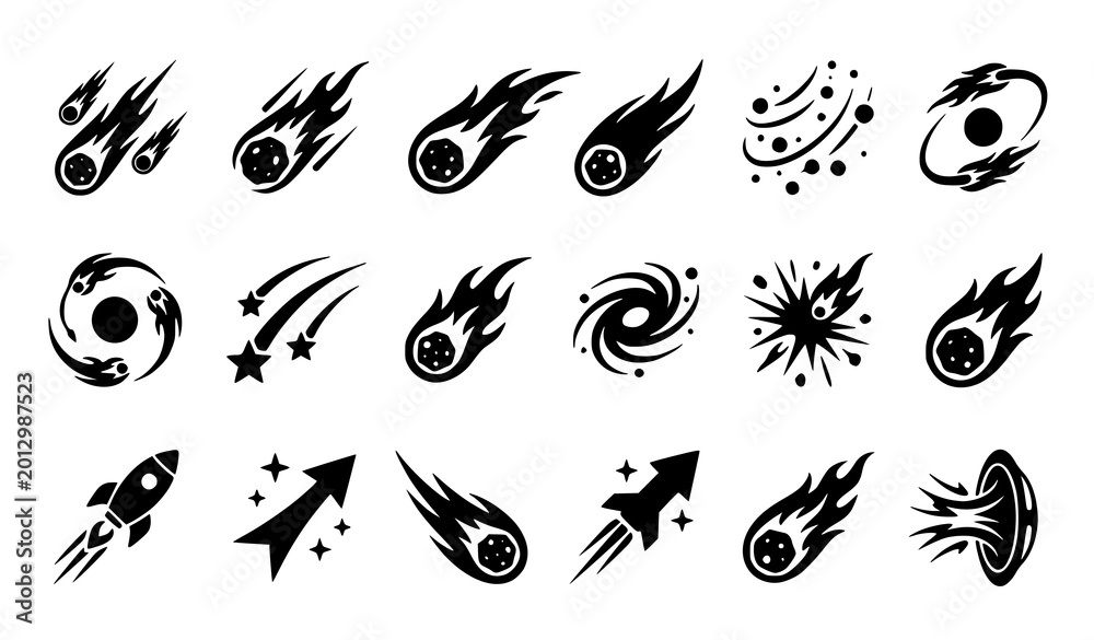 Obraz premium Falling comet and meteor silhouette icon set with burning space trails for astronomy apps and websites