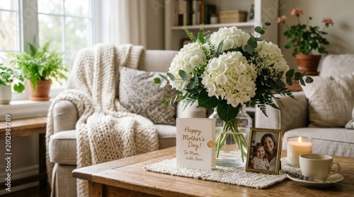 A cozy living room scene showcases a beautiful bouquet of white hydrangeas and a heartfelt Mother's Day card.