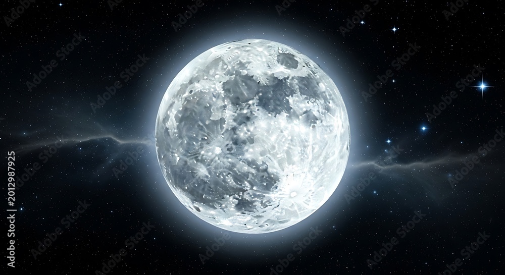 Fototapeta premium Full moon glowing brightly against cosmic nebula backdrop with starry galaxy and cosmic dust clouds