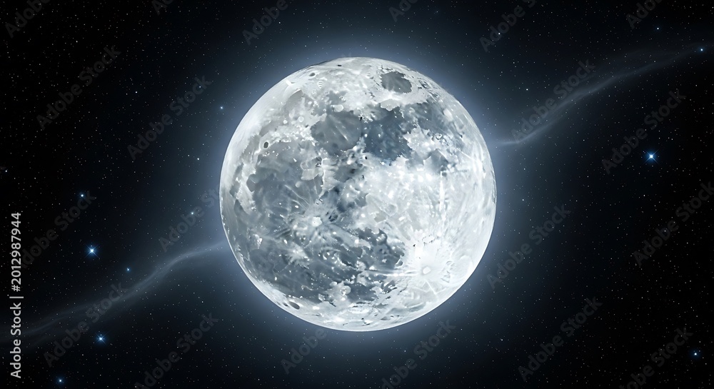 Obraz premium Full Moon Illuminated by Cosmic Glow in Deep Space, Stunning Celestial Night Sky with Nebula Streaks