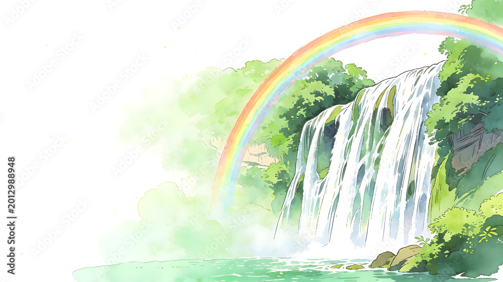 Fototapeta premium Waterfall with rainbow arching over lush green forest on white background