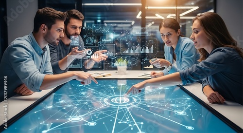 Four professionals gather around a blue touchscreen table displaying network maps and floating holographic data visualizations in a dark office.