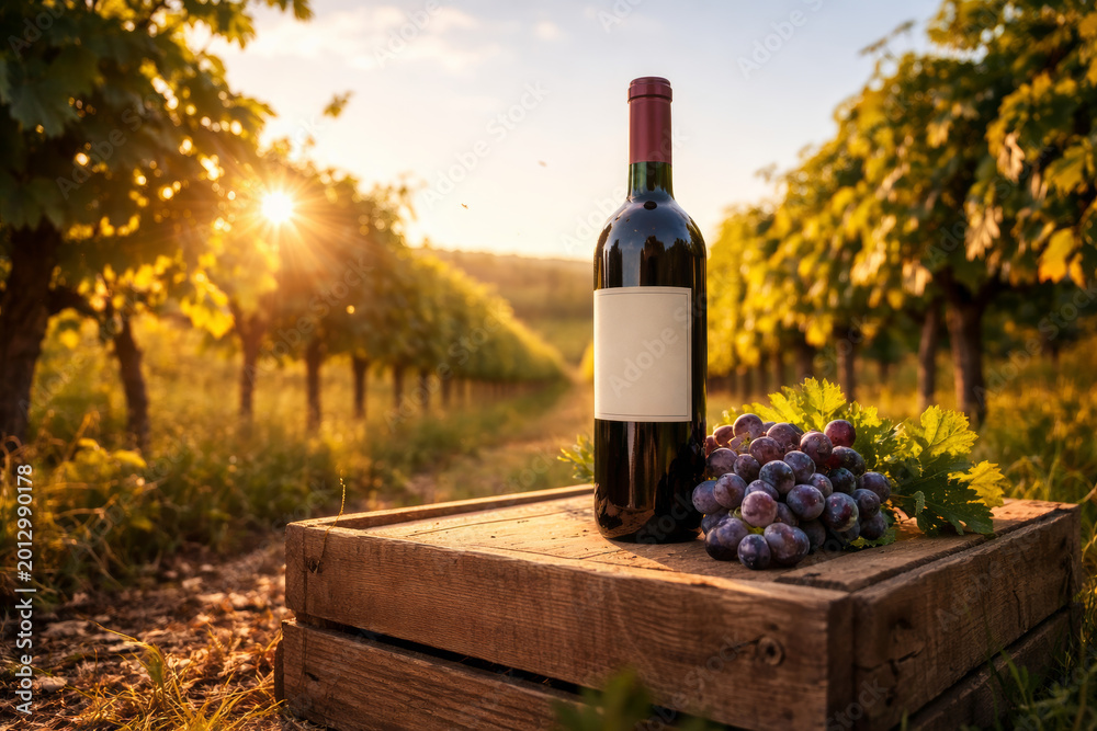 Obraz premium Decorative wine bottle with grapes in vineyard landscape at sunset