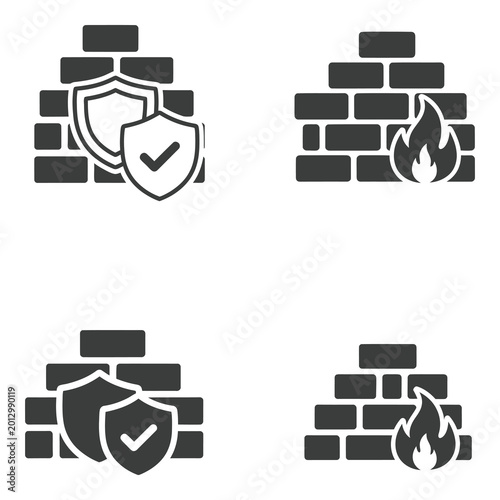 Security icons with shields and fire on brick wall backgrounds icon