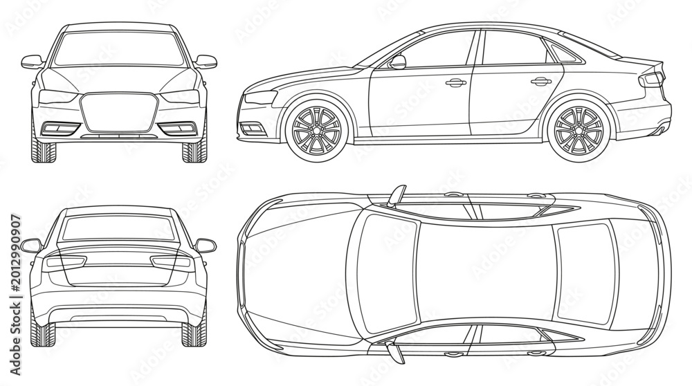 Obraz premium Sedan technical drawing blueprint with front side back and top views CAD line art vector illustration
