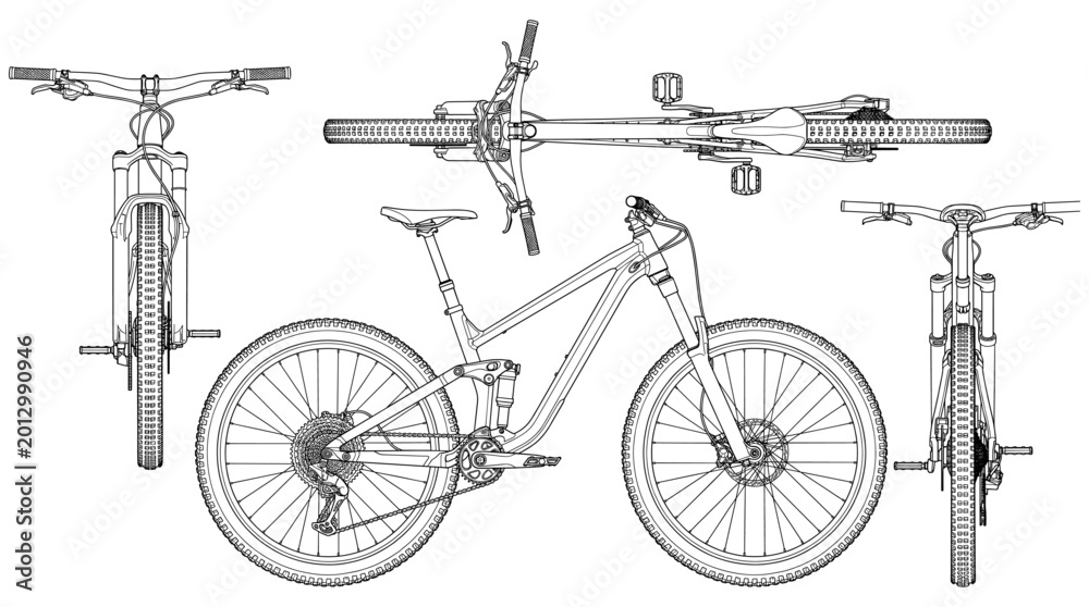 Fototapeta premium Mountain bike technical drawing blueprint with front side back and top views CAD line art vector illustration