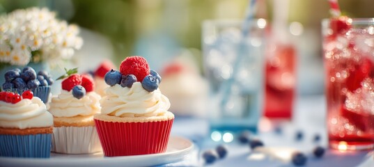 Cheerful Memorial Day dessert table with berry tarts and plain frosted cupcakes in red white and blu
