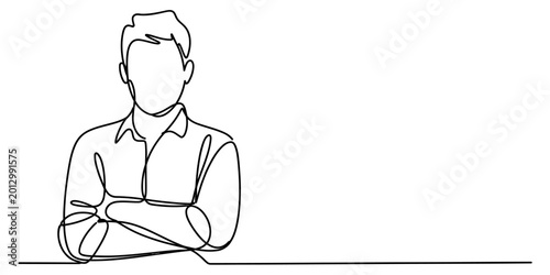 Photos Continuous line drawing of a man with arms crossed isolated on white background,