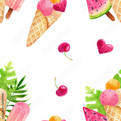Ice cream in a waffle cone, a vibrant summer watercolor seamless pattern. Colorful, juicy dessert with a variety of flavors. Hand drawn illustration for design and decor, packaging, and fabric.