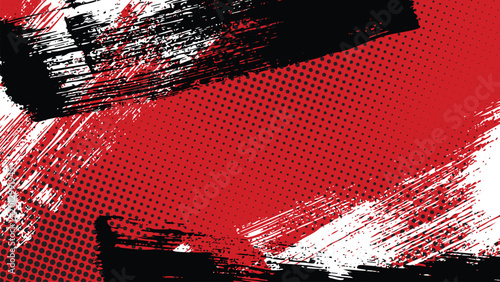 A red background with halftone dots and contrasting black and white brushstrokes.