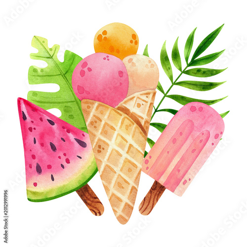 Ice cream in a waffle cone, watercolor illustration of colorful ice cream of different flavors, isolated. Hand drawn dessert for design and decoration.