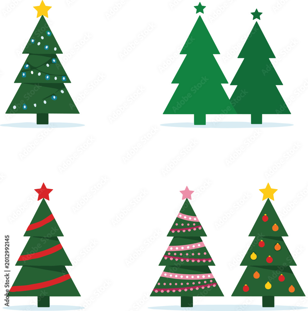 Obraz premium Set of flat Christmas tree icons with stars and ornaments isolated on white background for festive winter holiday design
