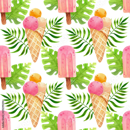 Ice cream in a waffle cone and on a stick with tropical leaves, a vibrant summer watercolor seamless pattern. Hand-drawn sweets for design, packaging, and fabric.