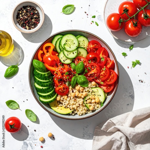 Vibrant, colorful bowl overflowing with fresh vegetables, grains, and chickpeas