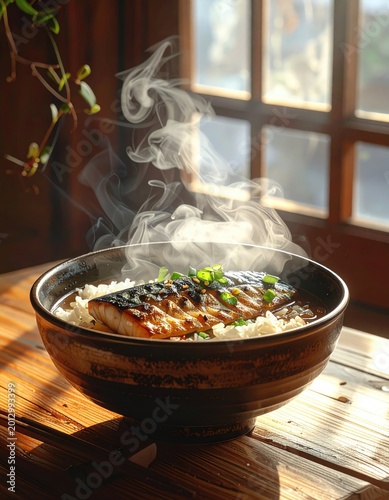 Steaming bowl of grilled fish and rice, garnished with green onions, bathed in sunlight