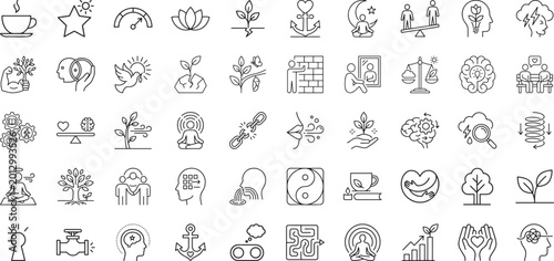 Tableau sur toile Lifestyle and psychology line icons for mental health and self development journ