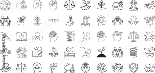 Bild auf Leinwand Emotional health and meditation line icons for mindfulness and self care