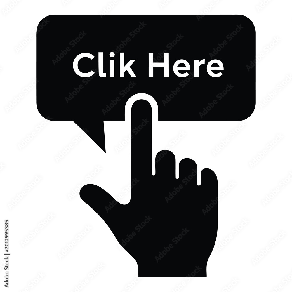 Obraz premium Click here hand icon with speech bubble on white background icon
