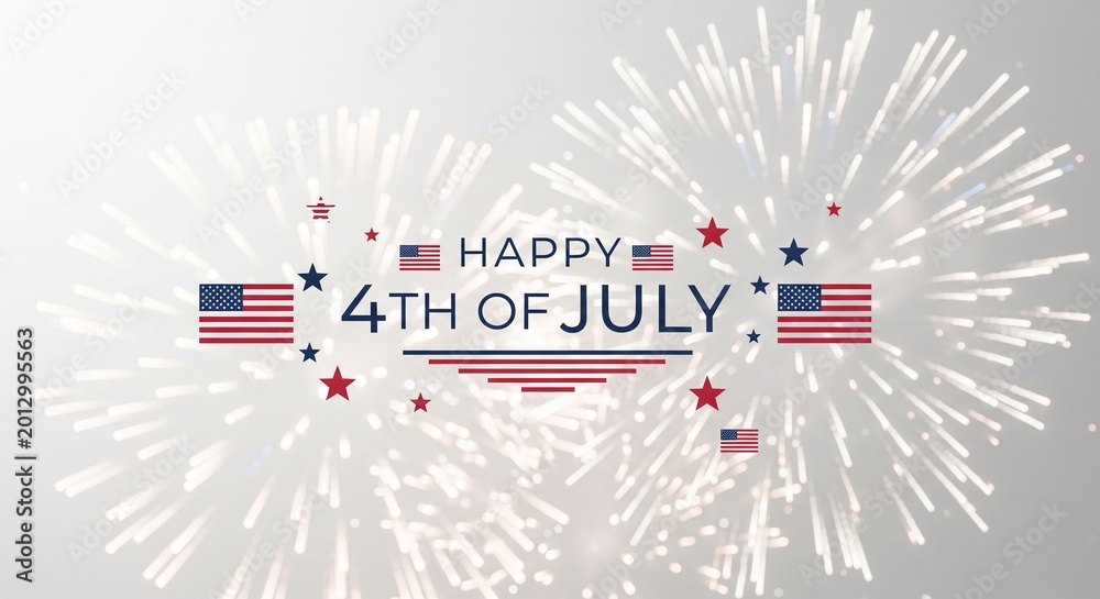 Fototapeta premium Happy 4th of July text graphic with American flags and fireworks celebration, patriotic holiday greeting design with stars and stripes, festive national event illustration
