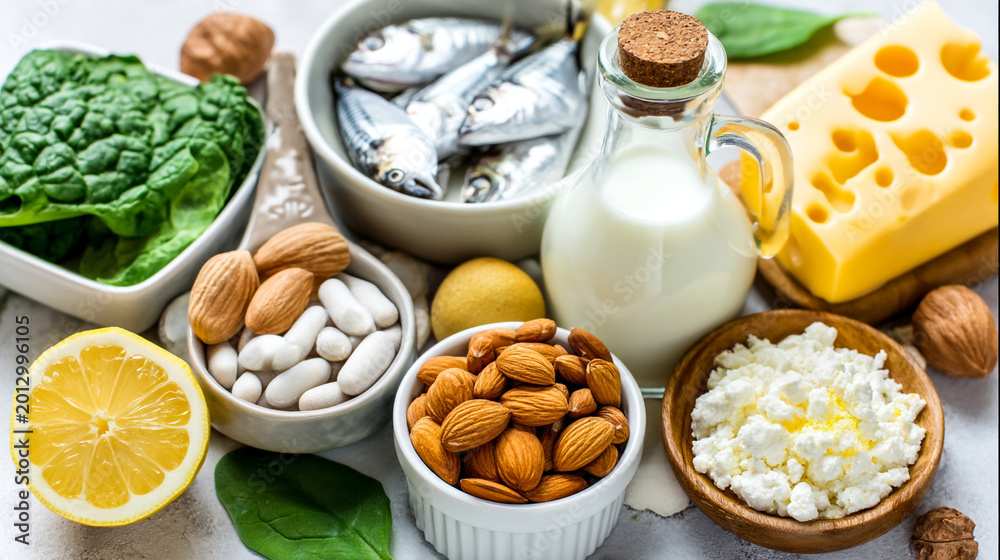Obraz Assortment of healthy foods rich in calcium and vitamins with cottage cheese, food photograph