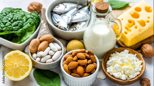 Assortment of healthy foods rich in calcium and vitamins with cottage cheese, food photograph