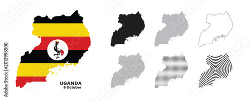 Set of isolated uganda maps. uganda flag overlaid with flag proportions. Maps and traveling around the world