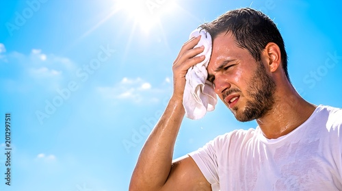 Young man wiping sweat with a towel under intense scorching sun. Portrait of person suffering from heatstroke and high temperature during summer day. Blue sky background with bright sunlight.