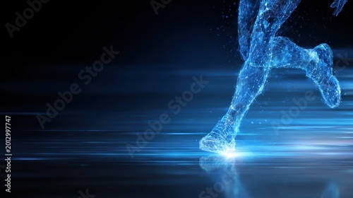 Digital wireframe runner sprinting across futuristic surface
