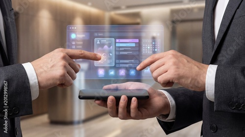 Businessmen interacting with holographic smartphone interface