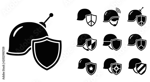 Photos Black shield helmet protection icons set.