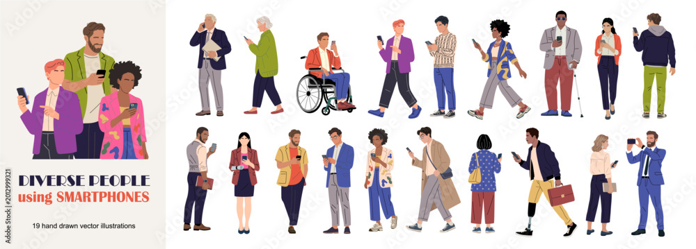 Fototapeta premium Collection of diverse modern people using smartphones in everyday life. Inclusive hand drawn vector characters with mobile devices, social media, communication and digital lifestyle concepts.