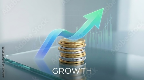 Financial Growth Graph with Upward Arrow and Stack of Coins