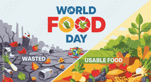 World Food Day poster with wasted and usable food contrast for awareness campaign