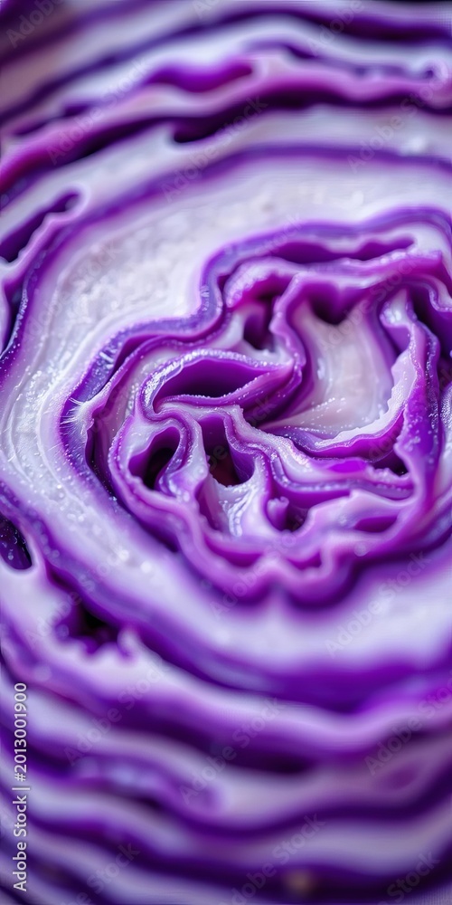 Obraz premium Macro view of sliced purple cabbage reveals vibrant texture and organic pattern for healthy food background , purple, cabbage