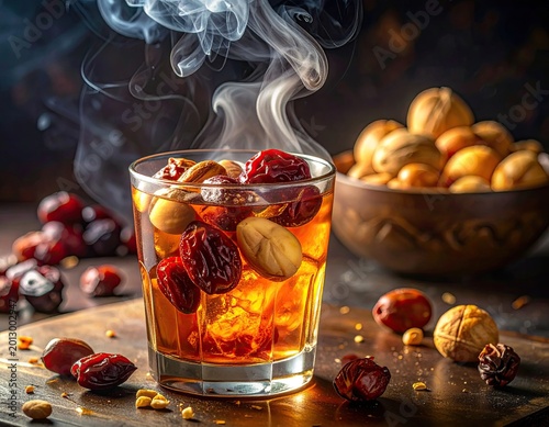 Steaming glass of amber liquid with dried fruit and nuts, set against a backdrop of nuts