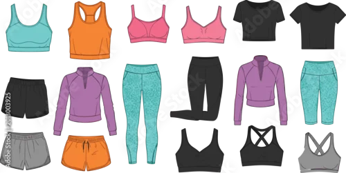 Obraz Women Sportswear Collection with Fitness Tops Leggings Shorts and Athletic Clothing in Flat Vector Illustration Style