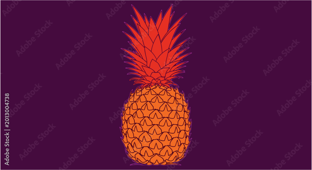 Obraz premium Isolated glowing orange pineapple illustration on a deep purple gradient background.